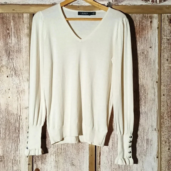 Lauren Ralph Lauren pullover decorative crest engraved buttons ruffle trim sz sp - Picture 2 of 10